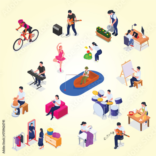 Isometric People Engaging Various Hobbies and Activities in their Leisure Time