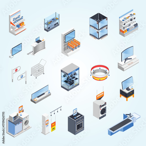 Isometric Supermarket Electronics Appliance Store Fixture and Equipment Illustration