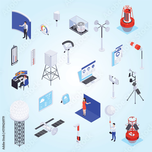 Isometric Detailed Weather Station Meteorology Technology Equipment Illustration