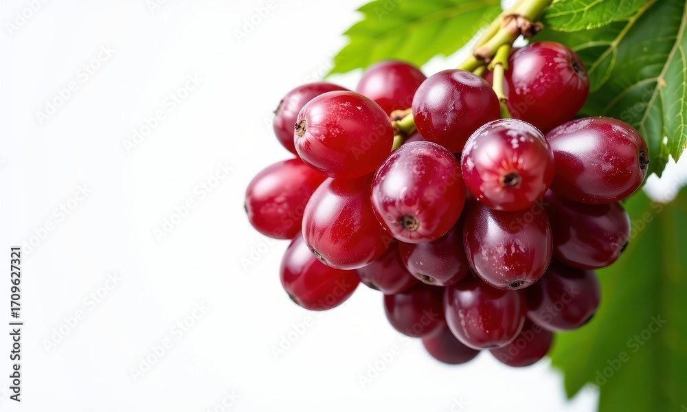 Fototapeta premium Juicy ripe red grape with fresh green leaves isolated on white background, isolated, organic