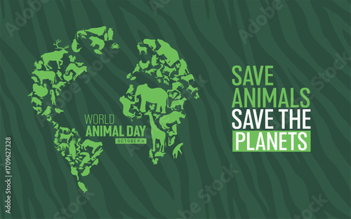 World Animal Day 2025 theme design : Save Animals, Save the Planets. Animal silhouettes forming world shape with animal stripes pattern background. Flat vector illustration