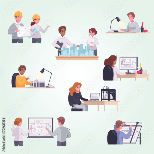 Flat Design Illustration Diverse Architects Working Together in an Office Setting