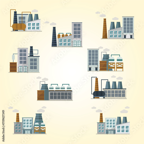Flat Style Detailed Industrial Factory Buildings and Chimneys with Clouds Element