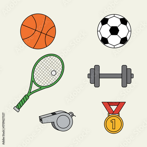 A vibrant collection of diverse sports equipment and accessories, presented as clean, minimalist flat illustrations on a light background, perfect for promoting active lifestyle and health concepts