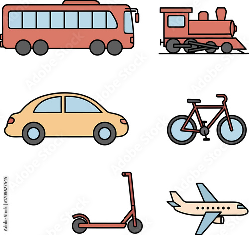 Transportation Icons Bus, Train, Car, Bicycle, Scooter, Airplane - Flat Illustration
