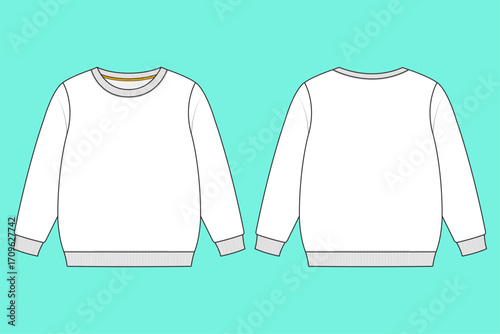 Kids Crew Neck Long Sleeve Sweatshirt Technical Drawing Fashion Flat Sketch Mockup Template.