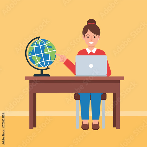 Young Woman Studying Geography Online with Laptop and Globe