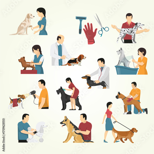 Flat Design Set Dog Grooming and Vet Care Various Breed Illustration