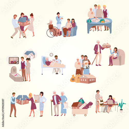 Flat Illustration of Inheritance Family Senior Care and Estate Planning Concept
