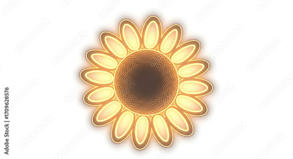 Fototapeta premium A stylized, glowing sunflower with oval petals radiating from a dark brown center, set against a white background.