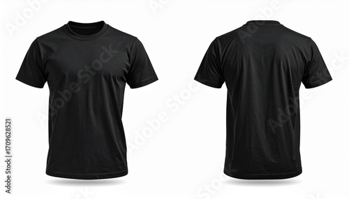 Black t shirt front and back view, isolated on white background. Ready for your mock up design template.
