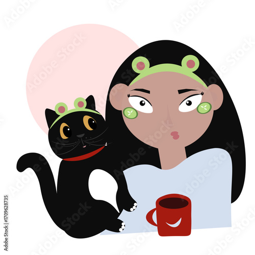Vector illustration of a woman with black cat, coffee mug and cucumber eye patches in morning routine