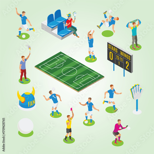 Isometric Detailed Soccer Game Illustration with Players and Field Design