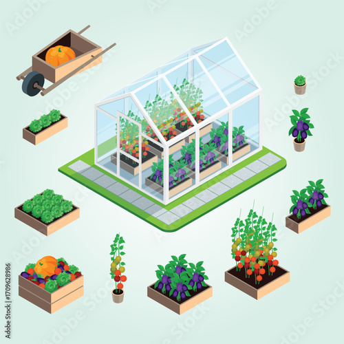 Isometric Detailed Greenhouse with Various Plants and Vegetables Illustration