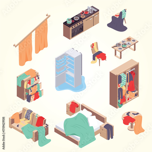 Isometric Messy Interior of Room Full with Clothes and Furniture Illustration