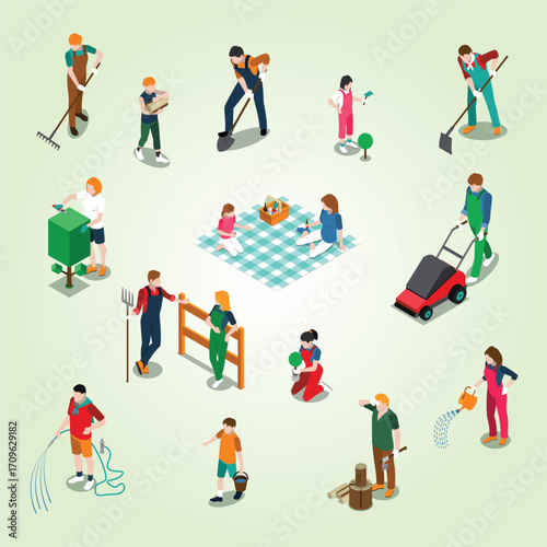 Isometric Diverse Group of People Gardening and Enjoying Outdoor Activities