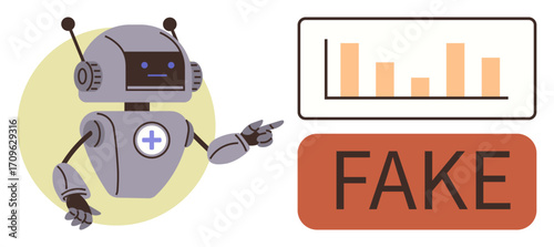 Robot pointing at a bar graph beside a bold FAKE warning. Ideal for AI, deception, data analysis, cybersecurity, education, digital literacy, awareness campaigns. Clean simple flat metaphor