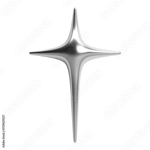 3D chrome metallic Y2K four pointed star with glossy silver surface