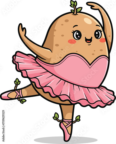 Cute cartoon potato character dancing ballet in a pink tutu
