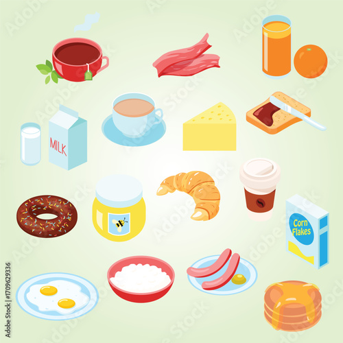 Isometric Detailed Breakfast Food Variety Menu Selection Isolated Illustration