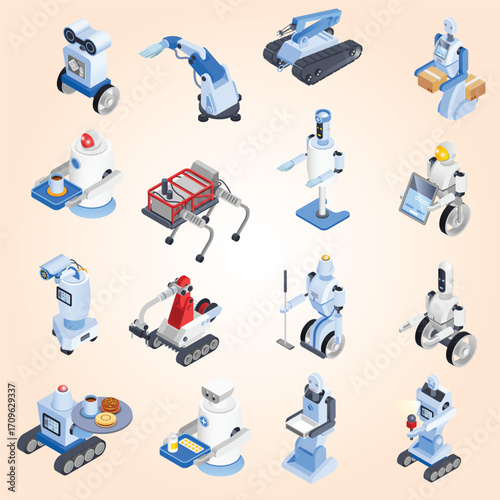Isometric Detailed Robotic Assistant and Helper Illustration Set Collection