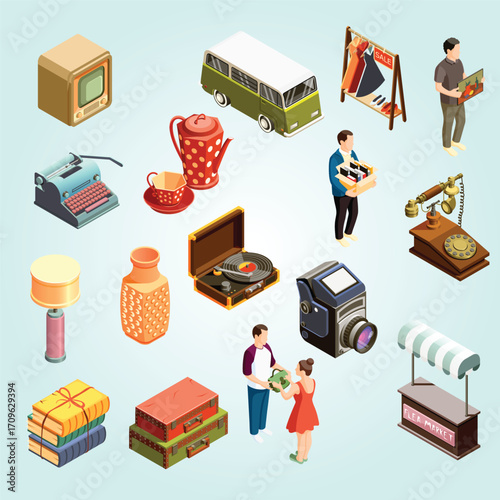 Isometric Vintage Flea Market Objects and People Illustration Composition Set