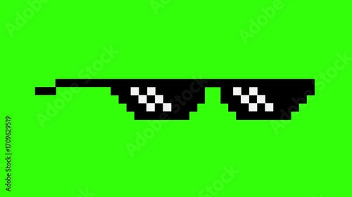 Looping pixel art animation of meme sunglasses, 8-bit boss glasses style. Funny gangster meme effect with green screen background for video edits and creative projects.