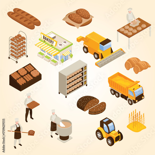 Isometric Detailed Bakery and Farming Process With Equipment Illustration