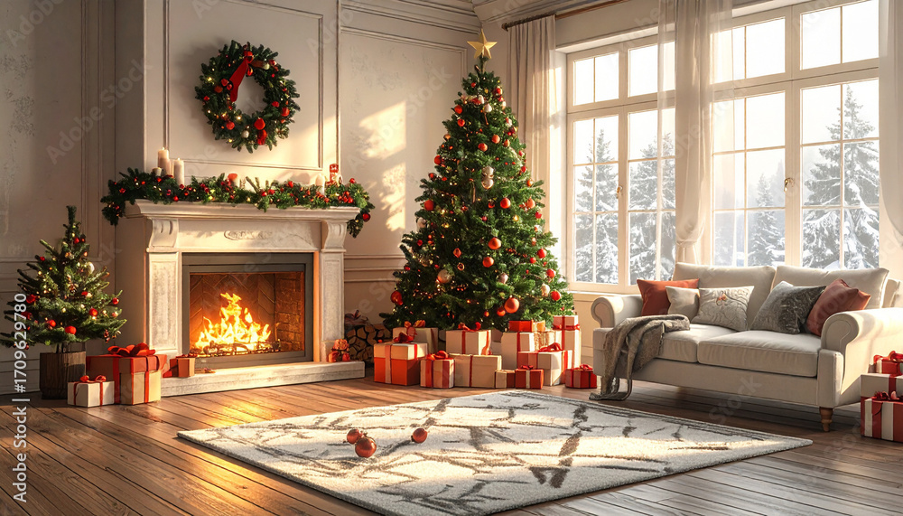 Fototapeta premium Cozy living room decorated for Christmas with a lit fireplace, decorated tree, presents, and a wreath above the mantel.