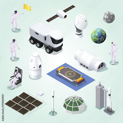 Isometric Detailed Space Exploration Element Futuristic Objects on Light Green Background