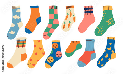 Set of colored pairs of socks with different patterns. Foot apparel collection. Cotton and wool accessory. Vector flat illustration isolated on white background