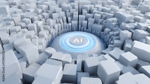 Futuristic AI Isometric 3D Render with Converging Blocks