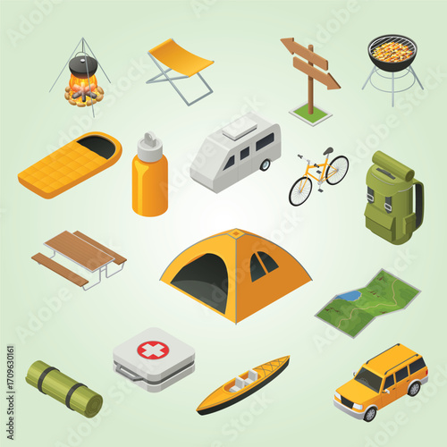 Isometric Camping Essential Equipment Illustration with Tent, Grill, and Transportation