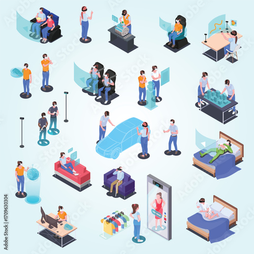 Isometric Style Diverse People Experiencing Virtual Reality Technology in Various Scenarios