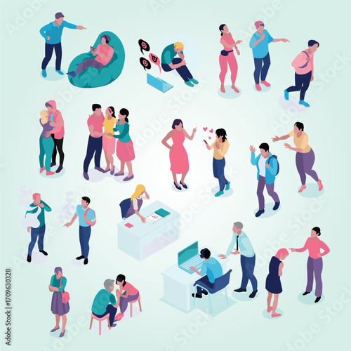 Isometric Illustration of People in Different Social Situations and Interactions
