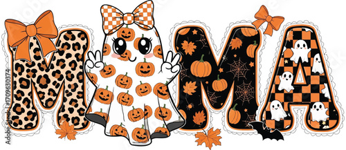Mama Halloween Graphic with Pumpkins and Ghosts