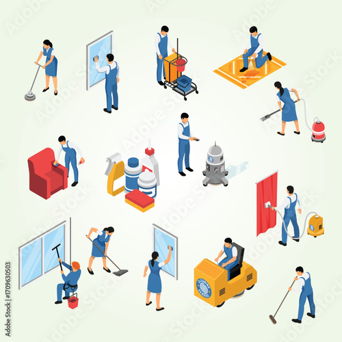 Isometric Professional Cleaning Service Team and Equipment Illustration Set