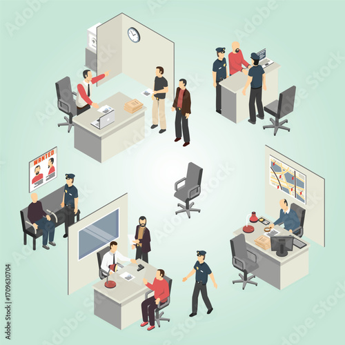 Isometric Detailed Police Station Interior with Detectives and Suspects Illustration