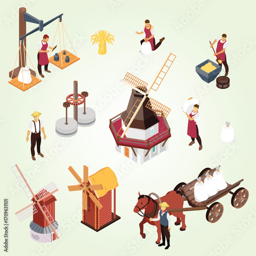 Isometric Detailed Mill Process and Harvest Scenery with People Illustration