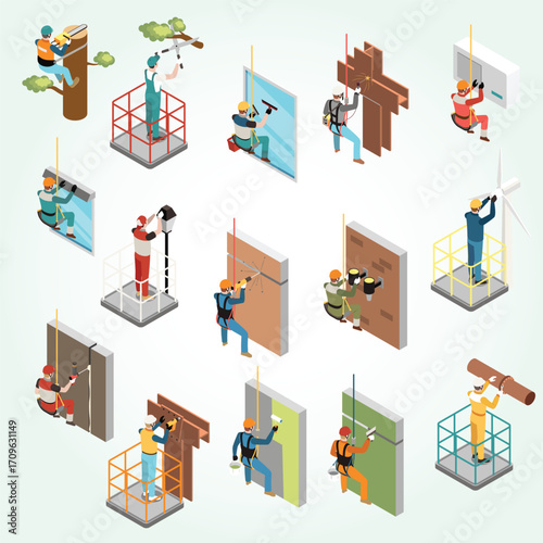 Isometric Diverse High Rise Building Maintenance Workers and Equipment Illustration