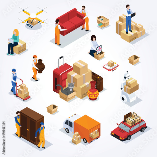 Isometric Illustrated Moving Day Scene with People, Furniture, and Boxes