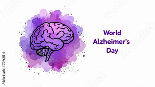 Flat vector design of a human brain with purple watercolor splash and bold text World Alzheimer’s Day. Perfect for awareness campaigns, posters, or educational visuals