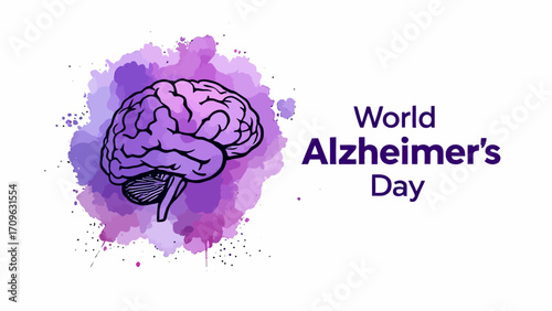 Flat vector design of a human brain with purple watercolor splash and bold text World Alzheimer’s Day. Perfect for awareness campaigns, posters, or educational visuals
