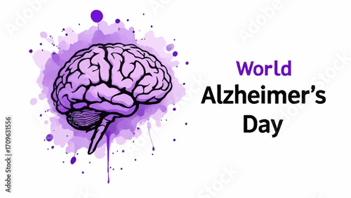 Flat vector design of a human brain with purple watercolor splash and bold text World Alzheimer’s Day. Perfect for awareness campaigns, posters, or educational visuals