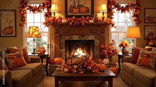 Warm autumn decorated fireplace zoom out with socks pumpkins and cozy fall ambiance
