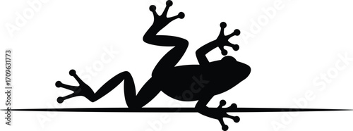 Leaping black silhouette of a tree frog with sticky toes, a vector graphic on a white background, symbolizing nature, wildlife, and agility, ideal for branding and design.