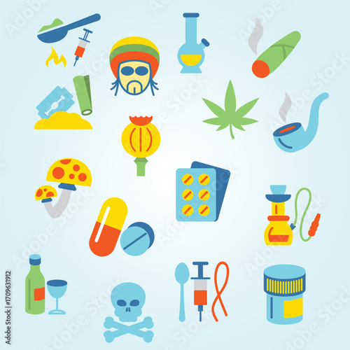 Flat Design Various Drug Illustrations and Illegal Substance Collection Icon Set