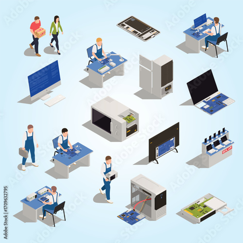 Isometric Electronic Appliance Repair Service with Engineer and Equipment Illustration