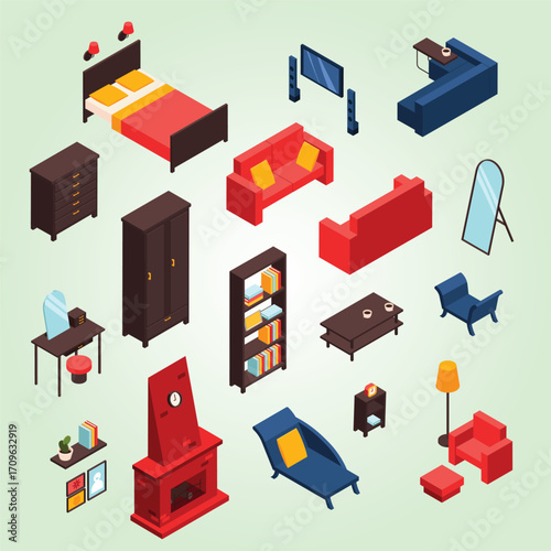 Isometric Flat Design Furniture Set Detailed Interior Objects and Elements
