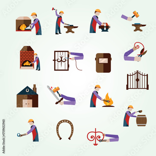 Flat Illustration Blacksmith Metalwork Process with Different Elements Icon Set